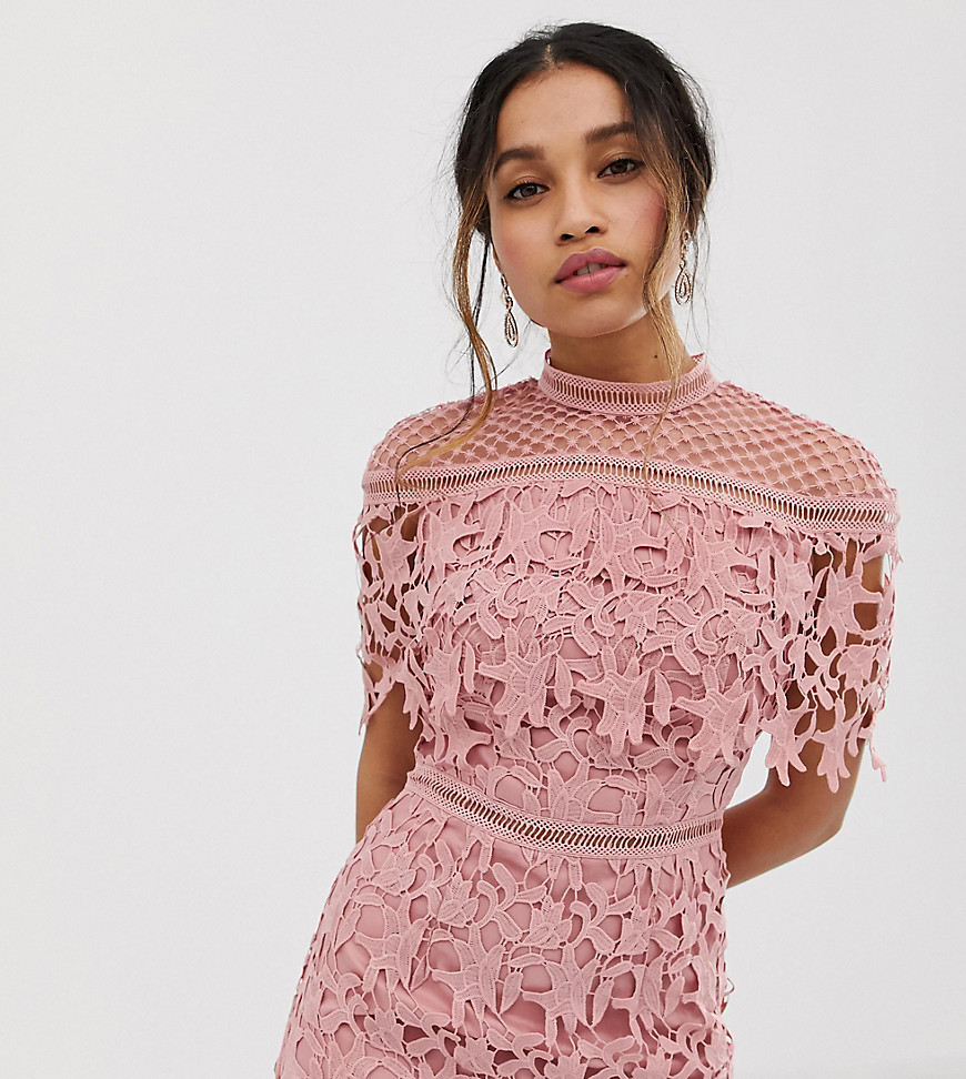 Chi Chi London Petite high neck lace pencil midi dress in rose pink-Red