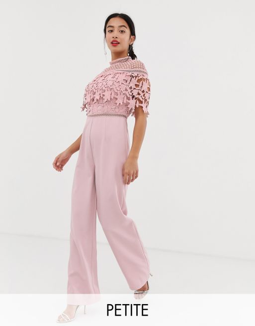 Chi Chi London Petite high neck lace top jumpsuit in pink | ASOS