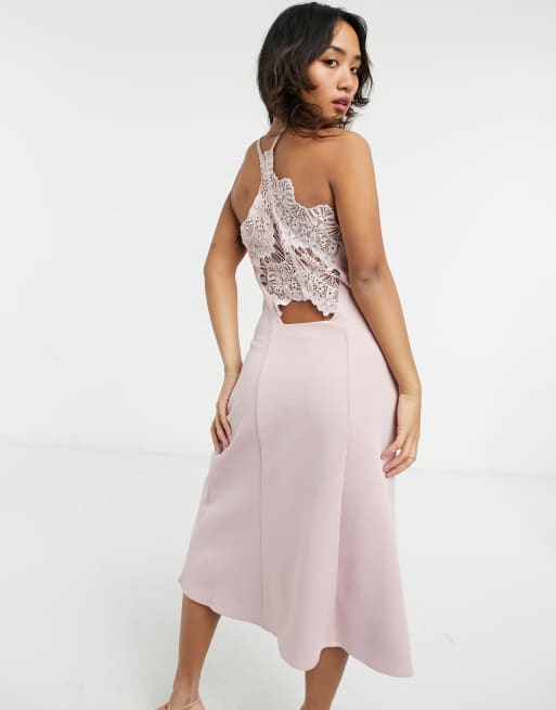 Chi Chi London Petite lace back midi prom dress in blush