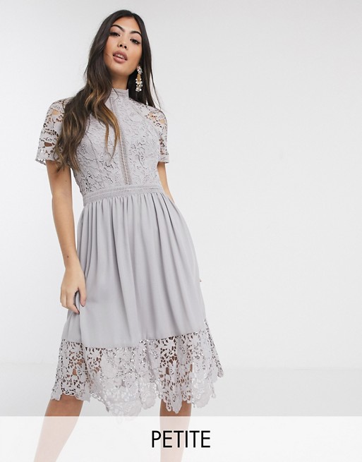Chi Chi London Petite lace detail skate dress in dove grey