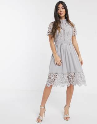 chi chi london petite lace detail skater dress in white