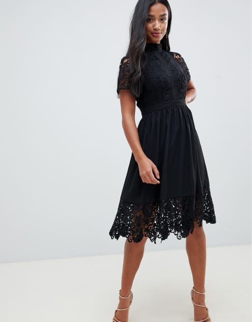 Chi Chi London Petite lace detail skater dress in black | ASOS