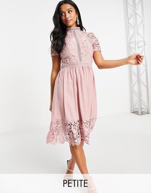 Chi Chi London Petite lace detail skater dress in pink