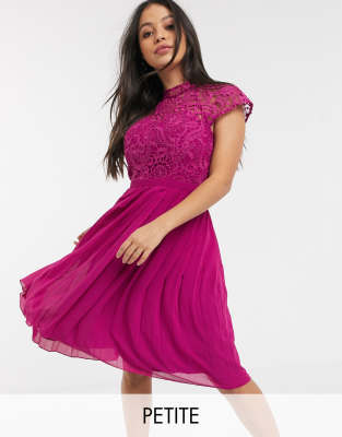 Chi Chi London Petite lace midi dress with pleated skirt in berry-pink