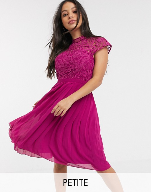 Chi Chi London Petite lace midi dress with pleated skirt in berry