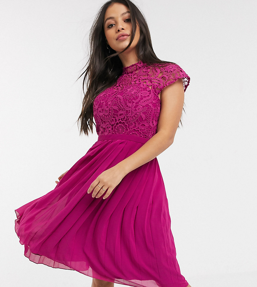 Chi Chi London Petite lace midi dress with pleated skirt in berry-Pink