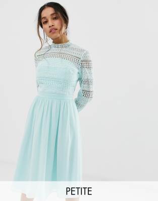 Chi Chi London Petite long sleeve lace dress with pleated skirt in mint-Blue