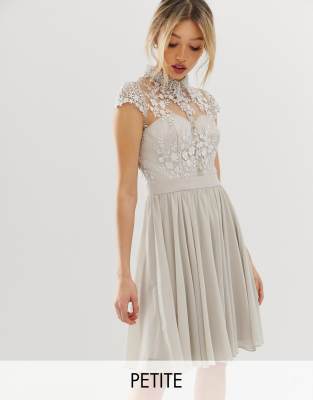 mini prom dress with lace collar in grey Chi Chi London Petite