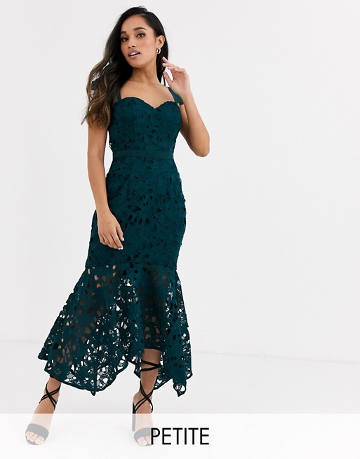 Chi Chi London Petite off shoulder sweetheart lace maxi dress in teal