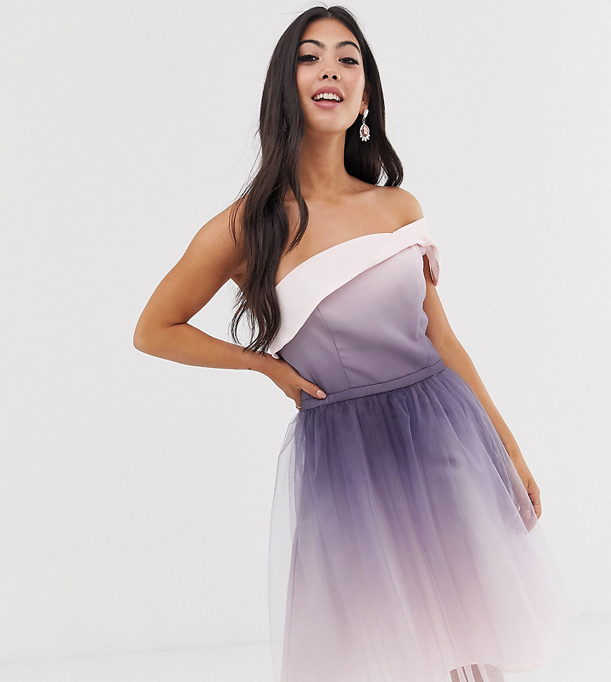 Chi Chi London Petite one shoulder midi tulle dress in pink dip dye effect