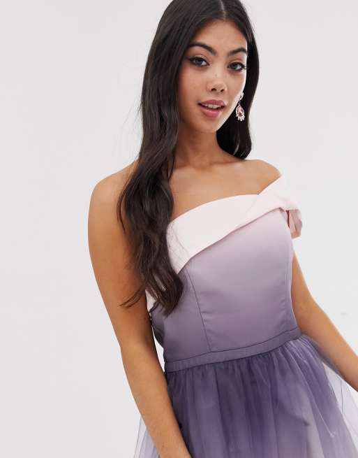 Chi Chi London Petite one shoulder midi tulle dress in pink dip dye effect