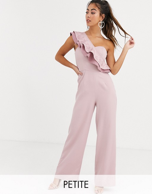 Chi Chi London Petite one shoulder ruffle jumpsuit in mink