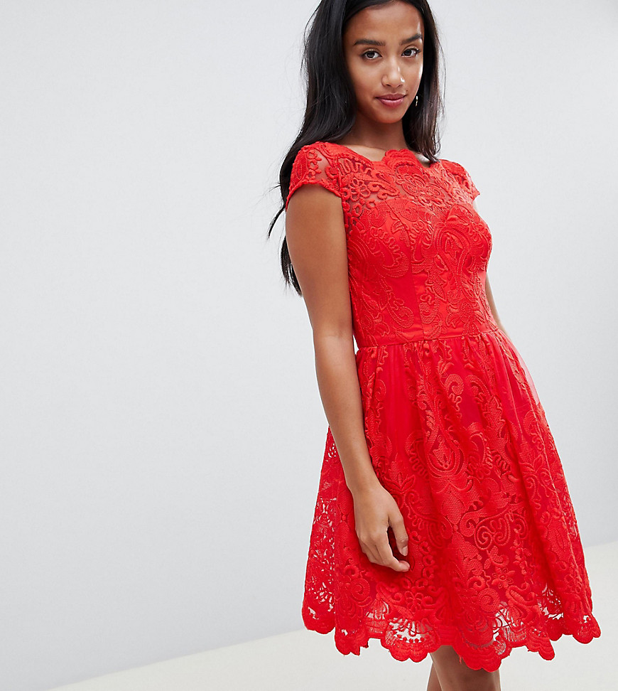 Chi Chi London Petite premium lace midi prom dress in red