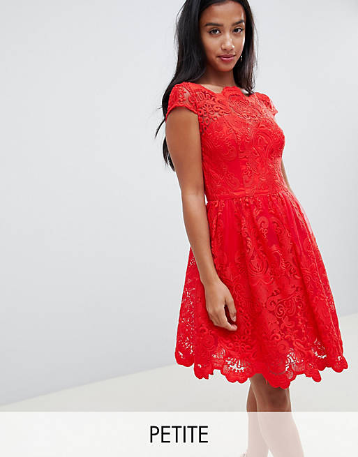 Chi Chi London Petite premium lace midi prom dress in red | ASOS