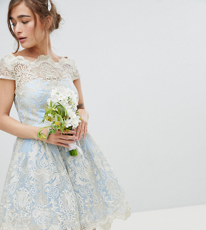 Chi Chi London Petite Premium Lace Midi Prom Dress with Bardot Neck-Blue