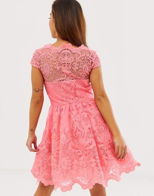 Chi Chi London Petite premium lace mini dress with scalloped neck in coral