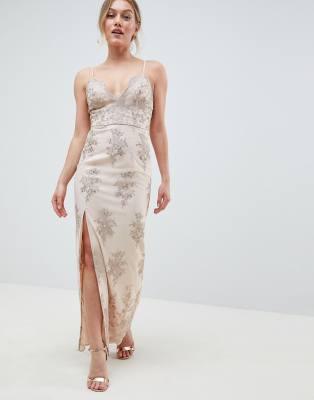 chi chi london scallop plunge maxi prom dress with gold embroidery