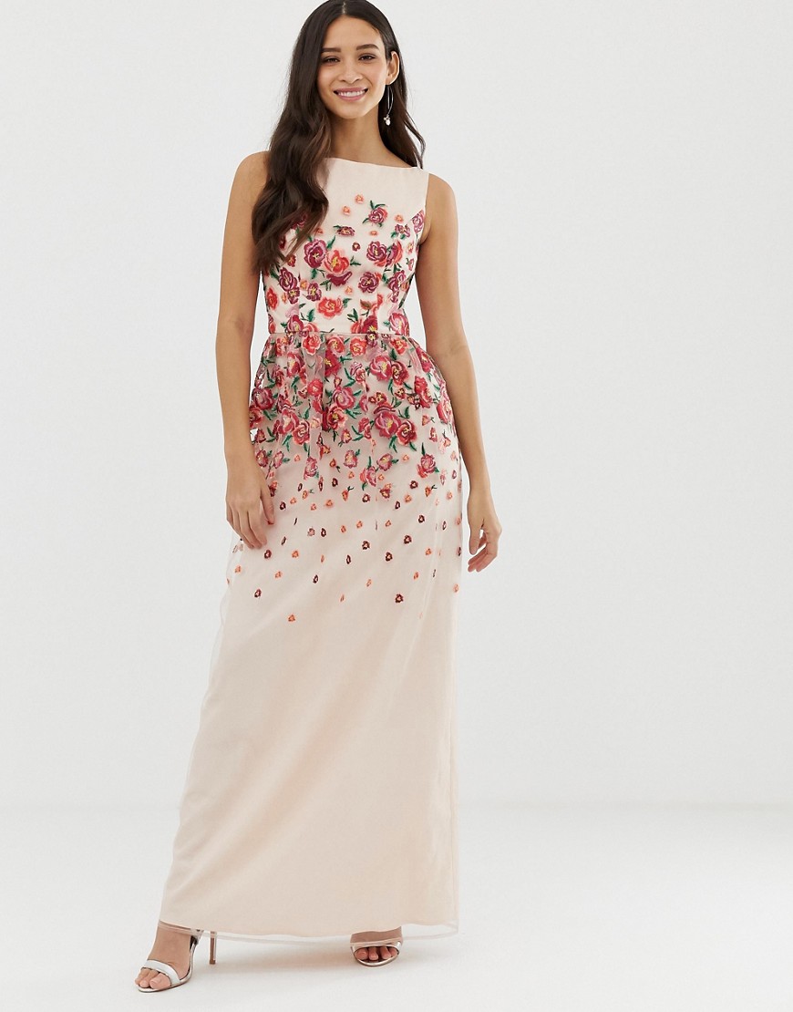 Chi Chi London pink kjole med broderede blomster-Multifarvet
