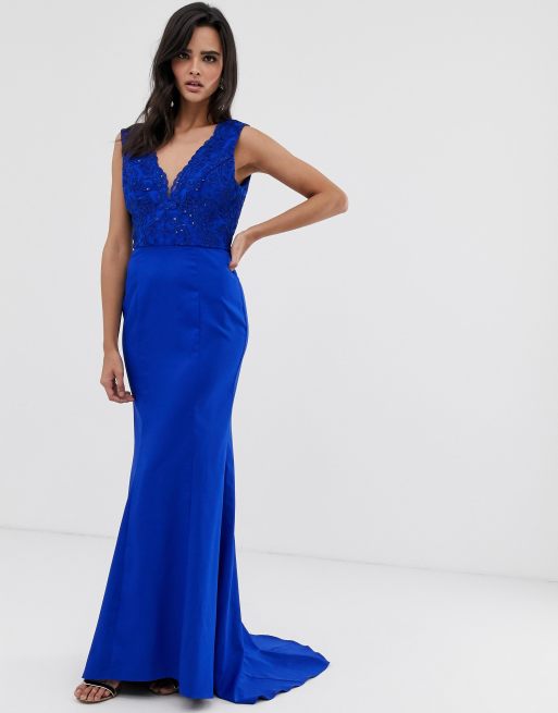 Chi Chi London plunge front lace maxi dress with fishtail in royal blue ...