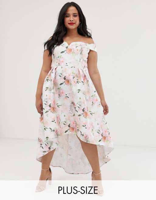 Chi Chi London Plus bardot midi prom dress in floral ASOS Chi Chi London Plus bardot midi prom dress in floral ASOS