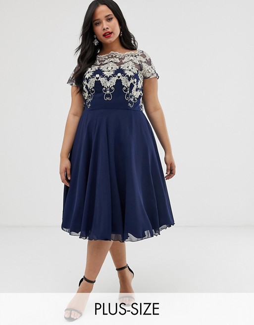 Chi Chi London Plus chiffon midi dress with embroidery in navy