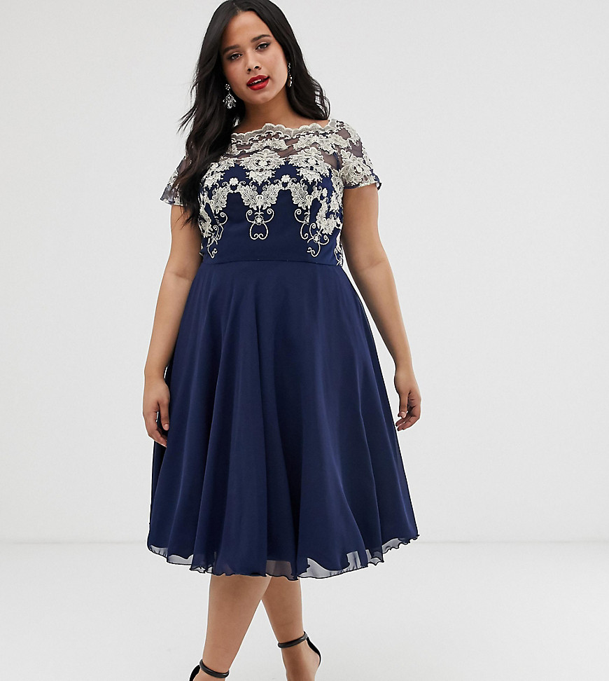 Chi Chi London Plus chiffon midi dress with embroidery in navy