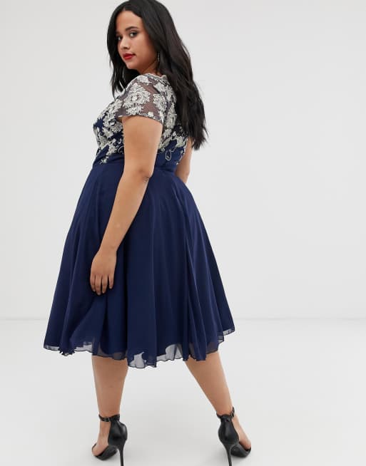 Chi Chi London Plus chiffon midi dress with embroidery in navy