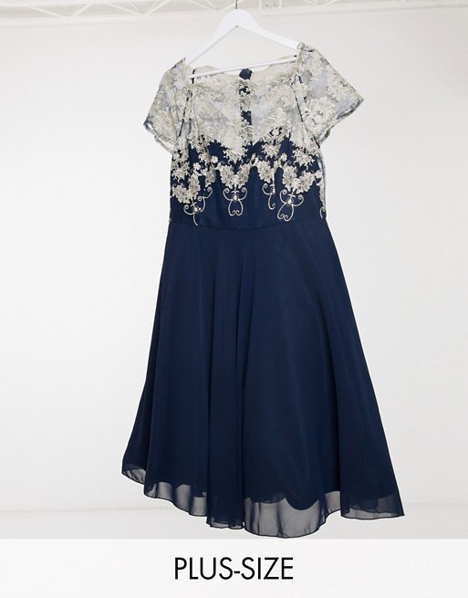 Chi Chi London Plus contrast lace skater dress in navy