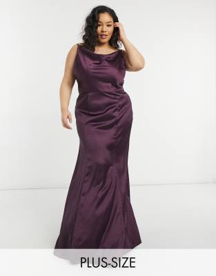 Chi Chi London Plus cowl neck satin midaxi dress in plum-Purple