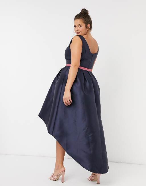 Chi Chi London Plus hi low midi dress in navy ASOS