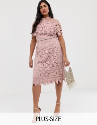 chi chi london plus high neck all over lace pencil dress in blush pink