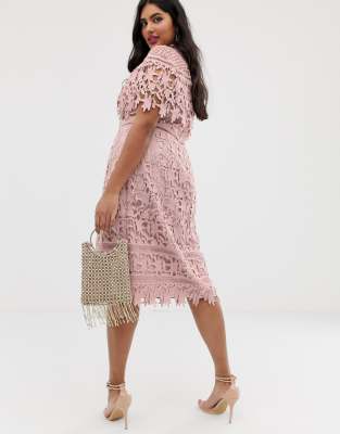 Chi Chi London Plus high neck all over lace pencil dress in blush pink |  ASOS