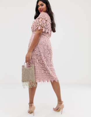 chi chi london plus high neck all over lace pencil dress in blush pink