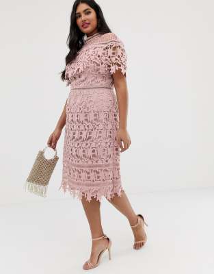 chi chi london plus high neck all over lace pencil dress in blush pink