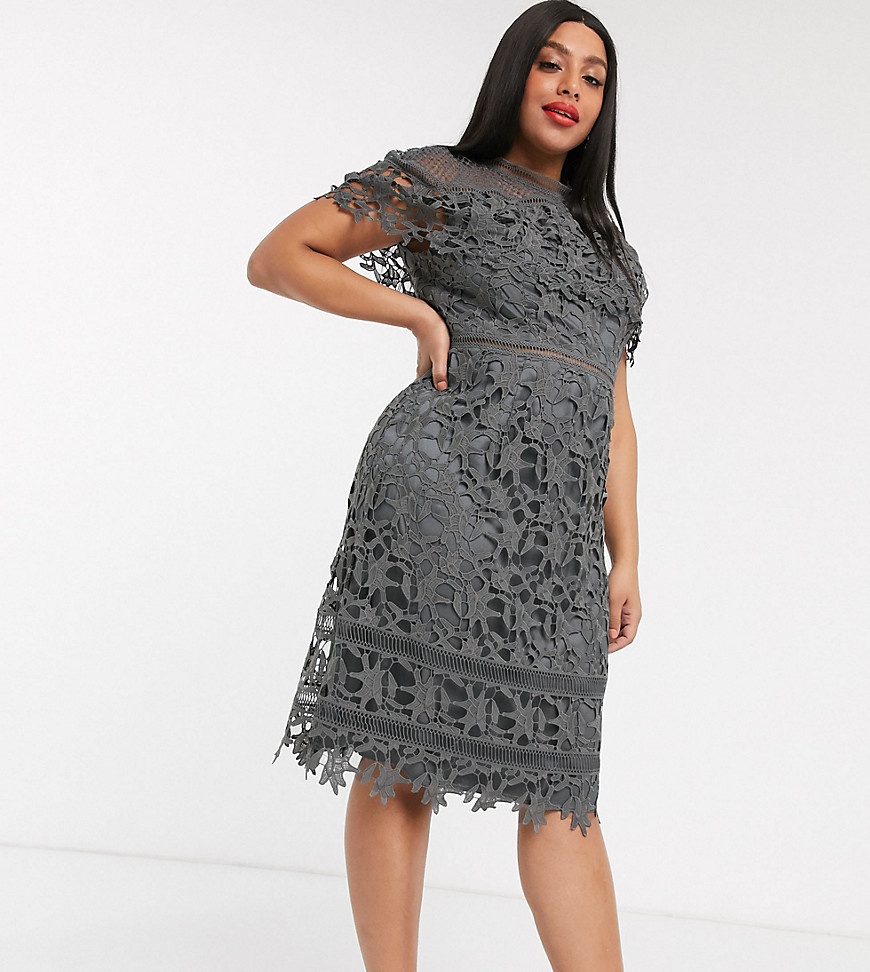 Chi Chi London Plus high neck lace pencil midi dress in charcoal-Grey