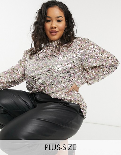 Chi Chi London Plus high neck sequin top in silver