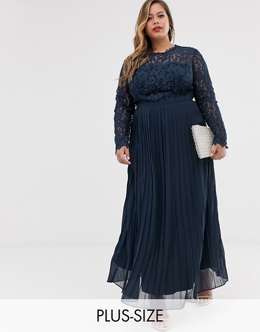 Chi Chi London Plus lace maxi dress with scalloped back in navy