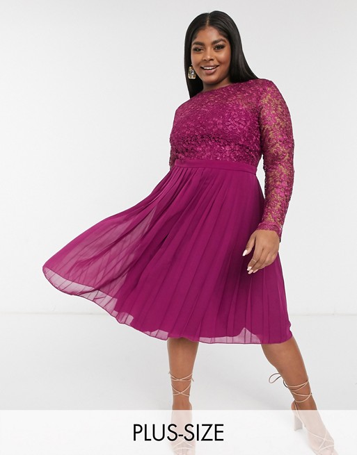 Chi Chi London Plus lace top pleated skirt midi dress in berry pink