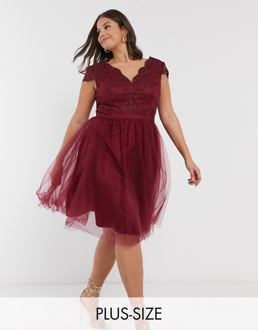 Chi Chi London Plus lace & tulle midi dress in burgundy