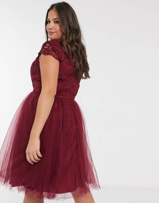 Chi Chi London Plus lace tulle midi dress in burgundy