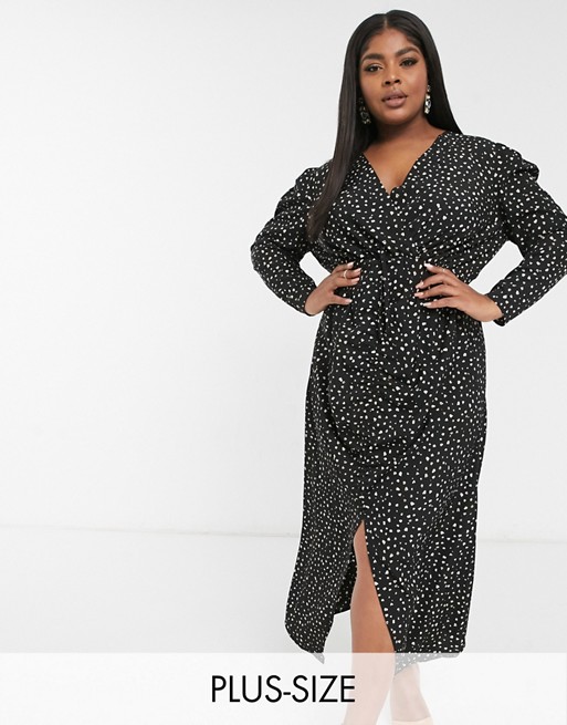 Chi Chi London Plus long sleeve shirt dress with split in print