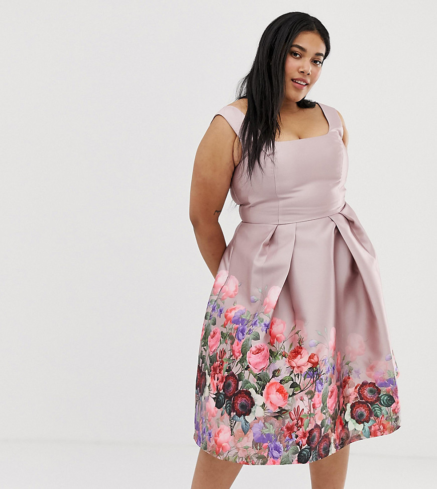 Chi Chi London Plus - midi-jurk met vierkante hals en bloemenprint-multi