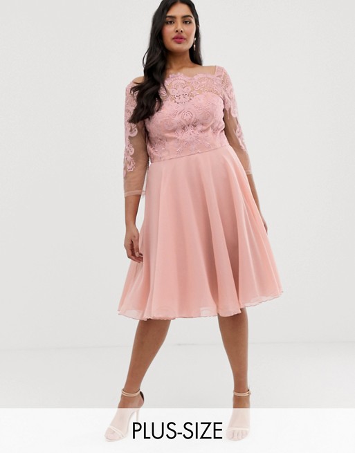 Chi Chi London Plus premium lace midi dress with chiffon skirt in pink