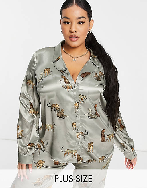 Chi Chi London Plus tiger print shirt in brown - part of a set