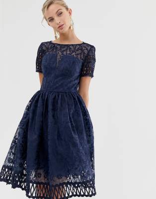 Chi Chi London premium lace dress with cutwork detail and cap sleeve in navy