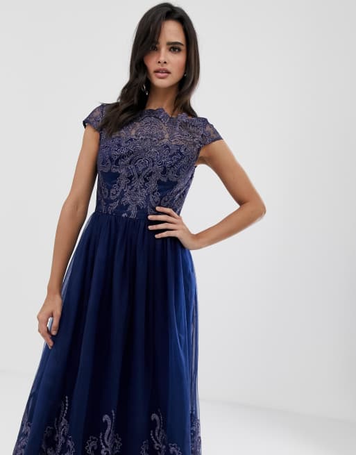 Chi Chi London Premium Lace Midi Prom Dress With Bardot Neck, $109, Asos