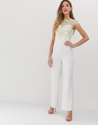 Chi Chi London premium lace jumpsuit in white