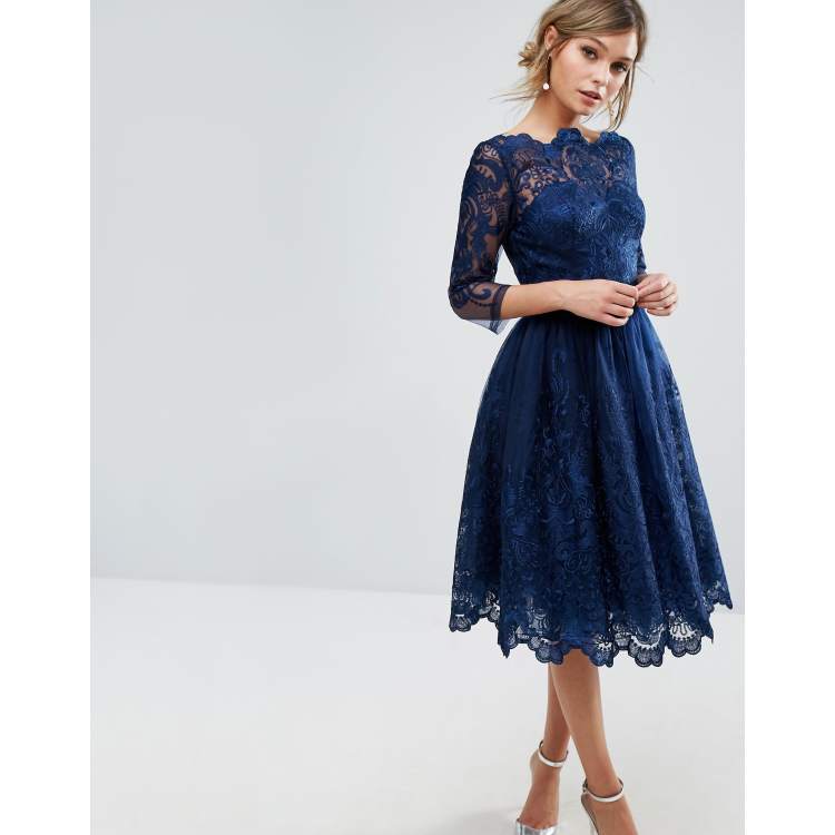 Chi Chi London Premium Lace Midi Prom Dress With Bardot Neck, $109, Asos