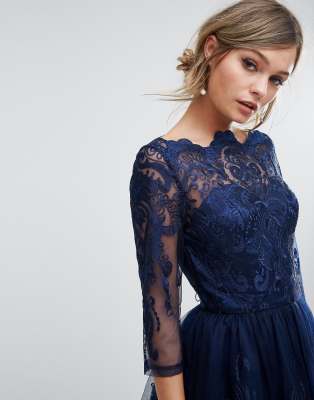 premium lace midi dress with cap sleeve in navy - chi chi london