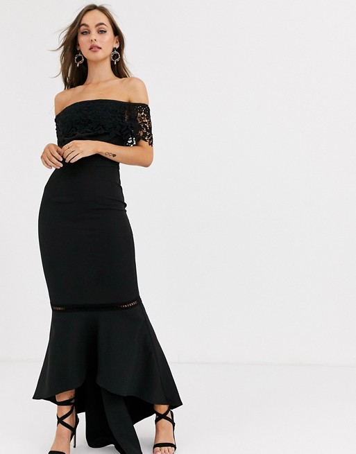 Chi Chi London premium lace midi dress with ruffle detail in black
